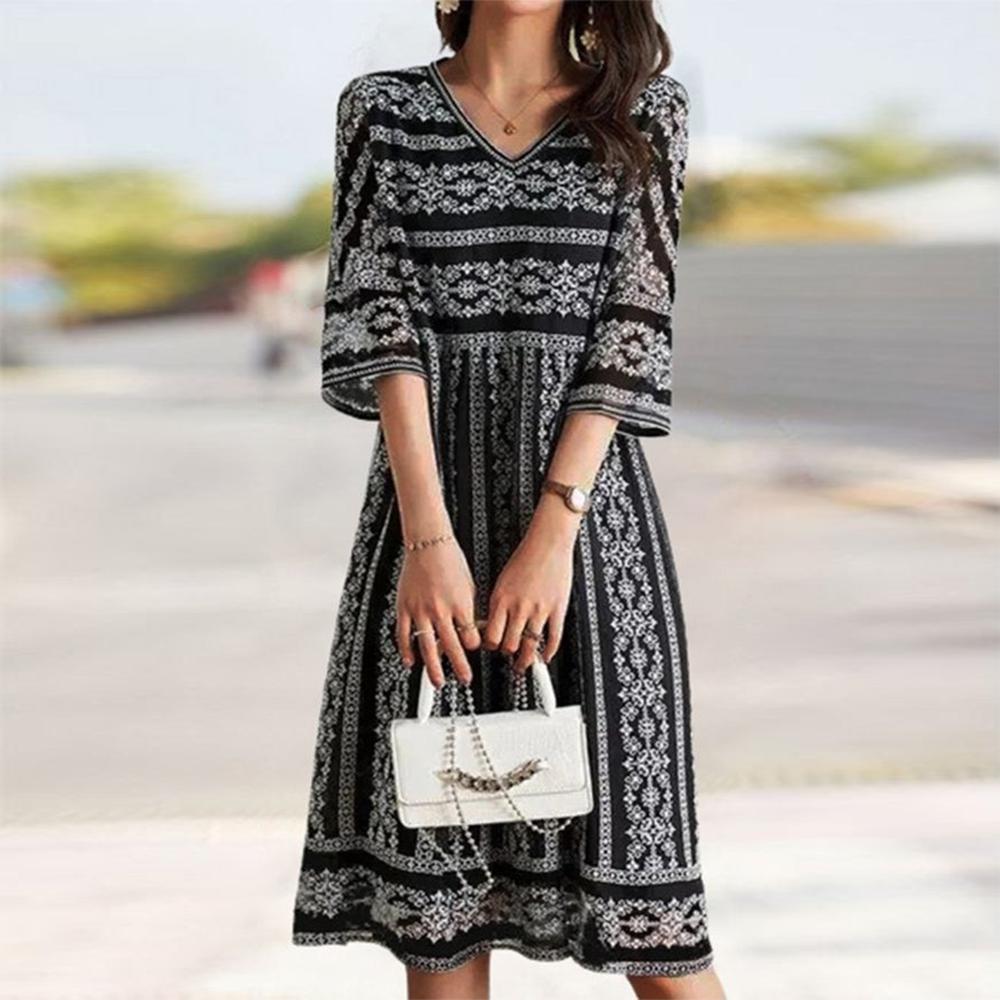 boho Sommerkleid mit V-Ausschnitt und 3/4-Ärmeln für Damen | Nichole