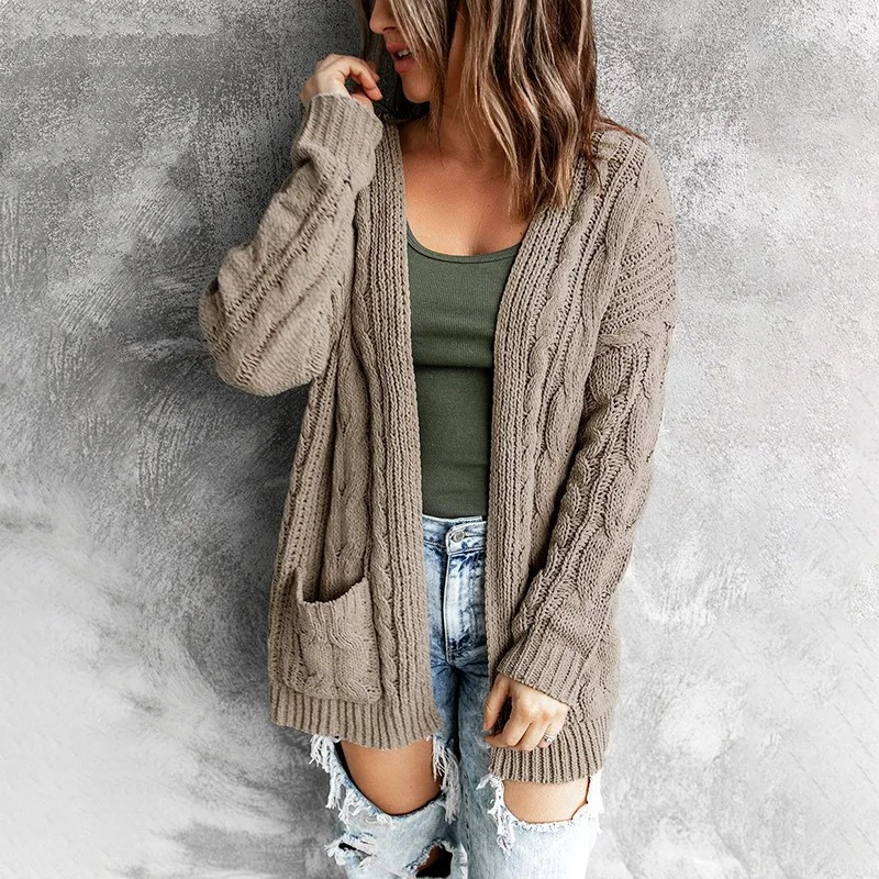 WW | Wollstrickjacke Damen Mit Zopfmuster, Offenes Design Und Taschen