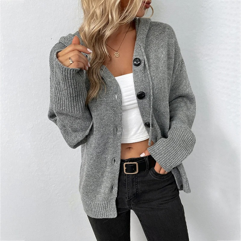 WW | Wollstrickjacke Damen Mit Kapuze Und Knopfleiste, Lässiger Stil