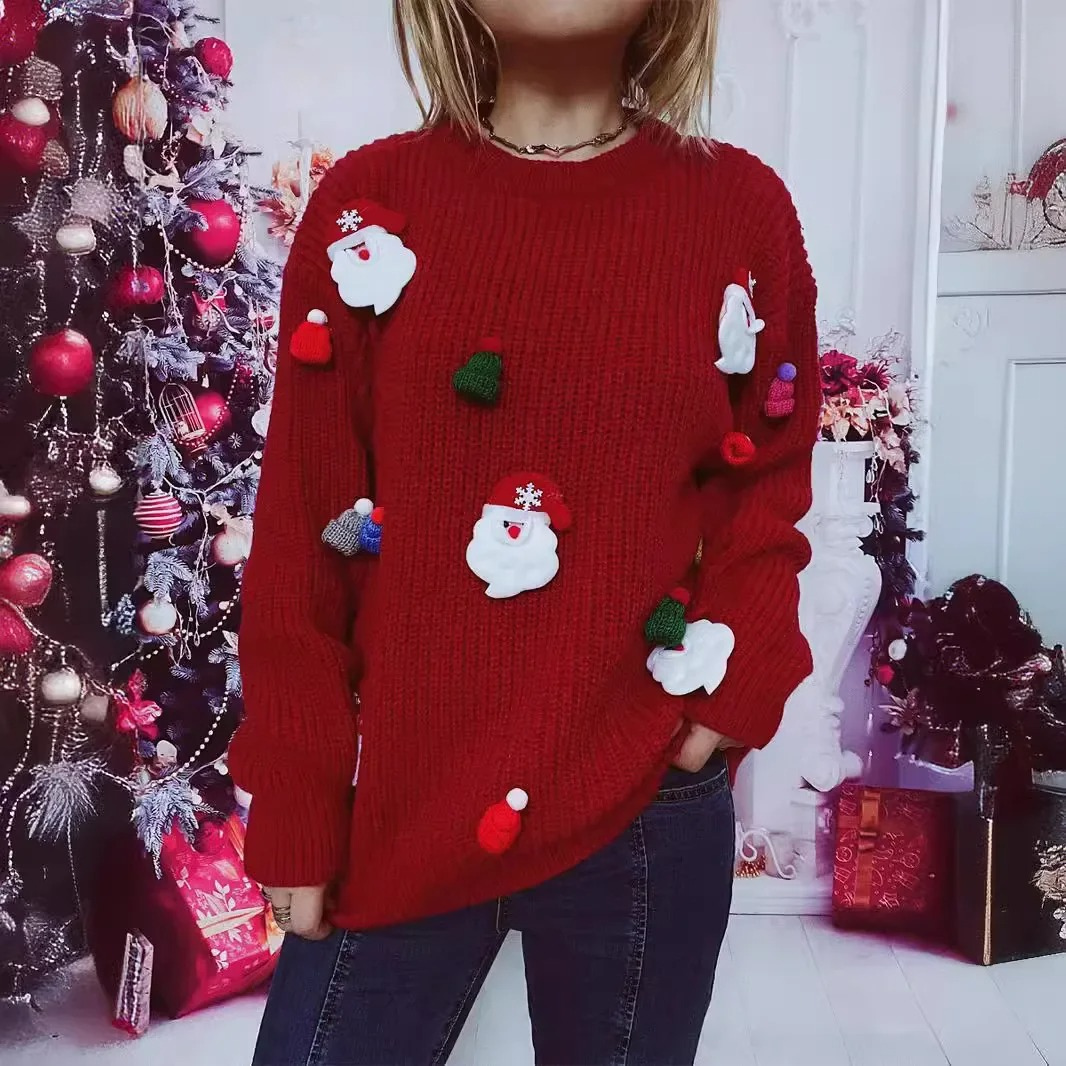 WW | Weihnachtspullover Mit Weihnachtsmann Applikationen Und Strickoptik