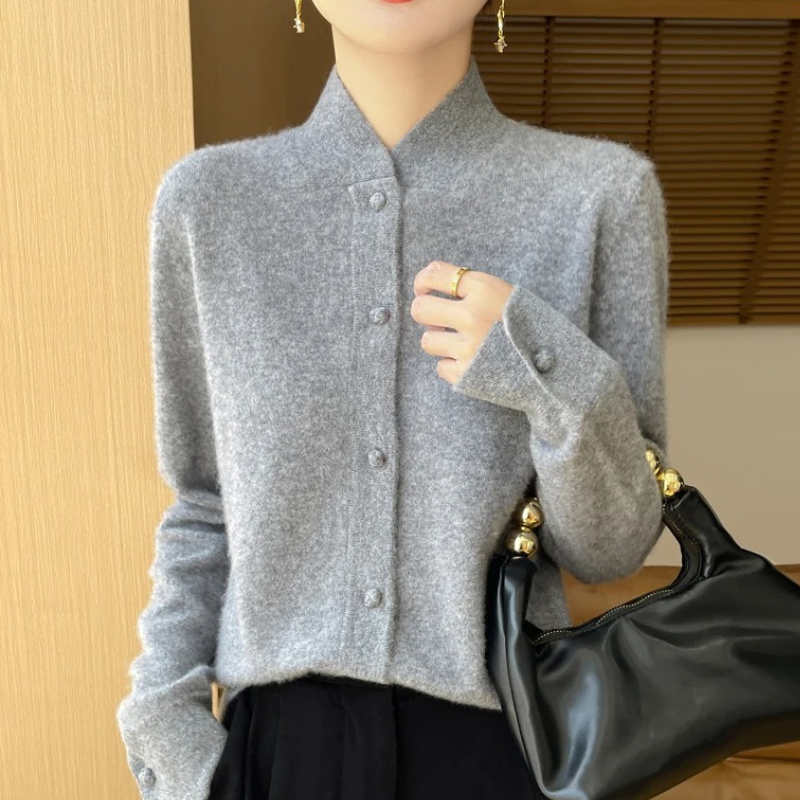 WW | Wollstrickjacke Damen Mit Stehkragen Und Knopfleiste, Elegante Passform