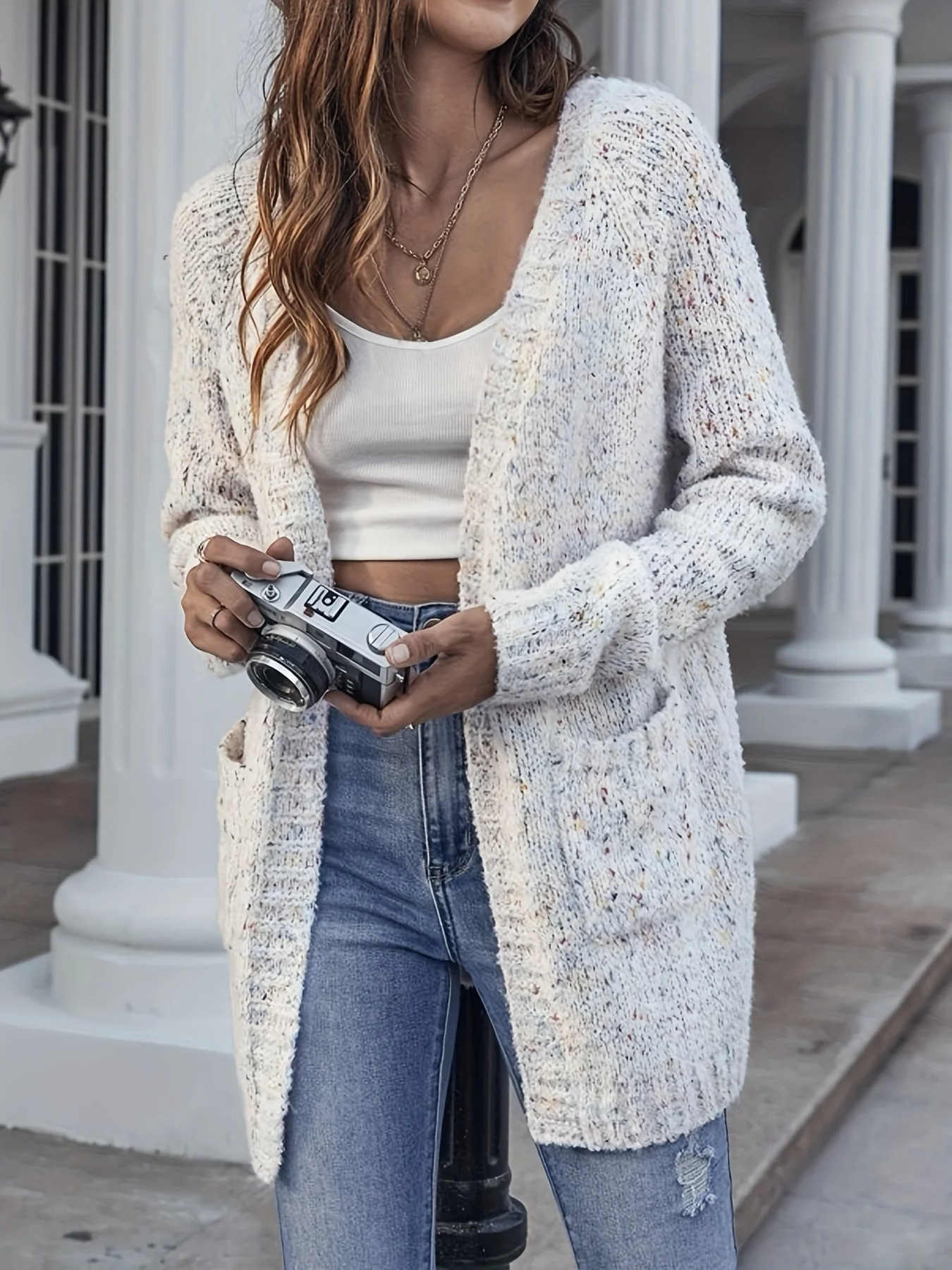 WW | Wollstrickjacke Damen Mit Offener Front Und Taschen, Lockerer Stil