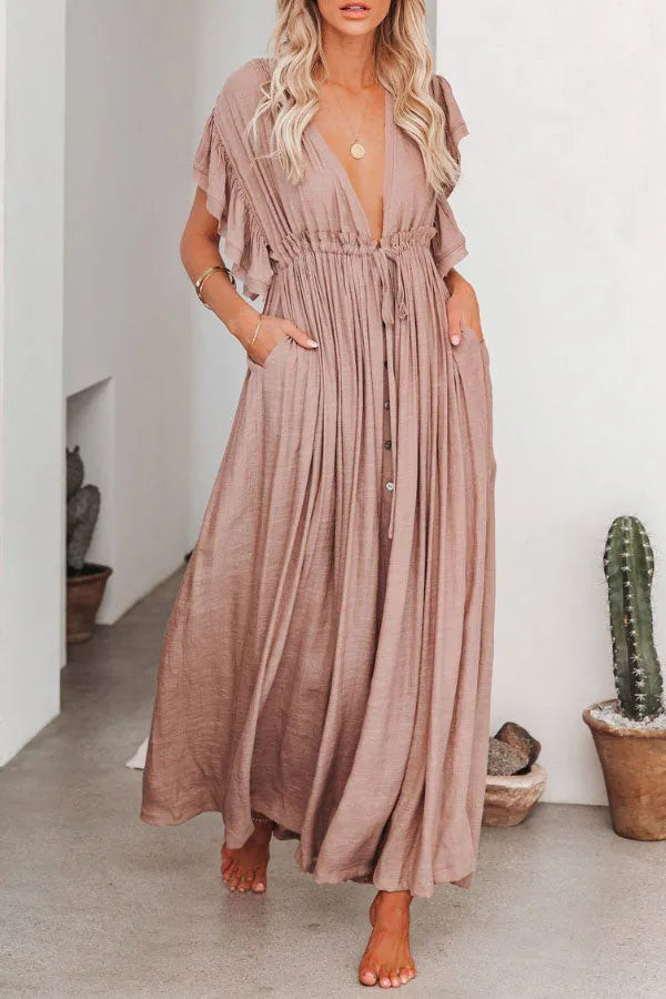 Feeenhaftes Luftiges V-Ausschnitt Kleid mit Rüschärmeln