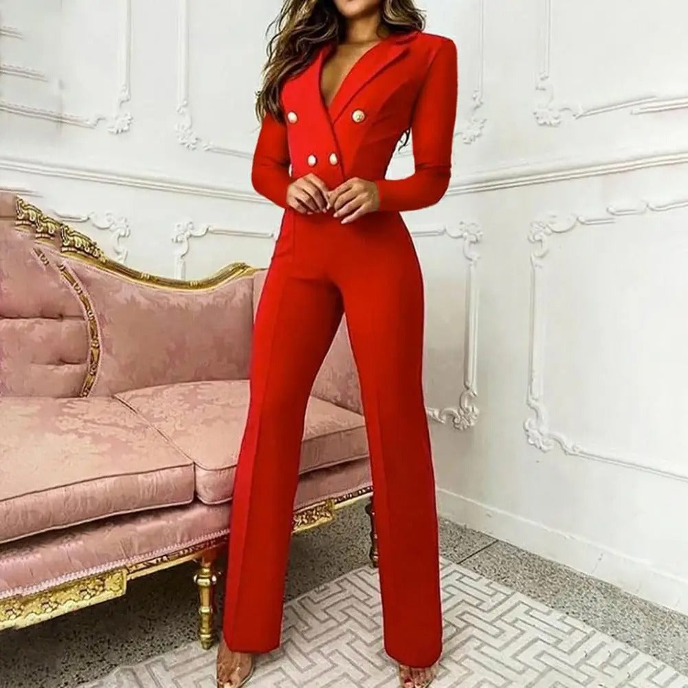 Merche Party Slim Fit Jumpsuit mit Business V Ausschnitt und Metallknöpfen