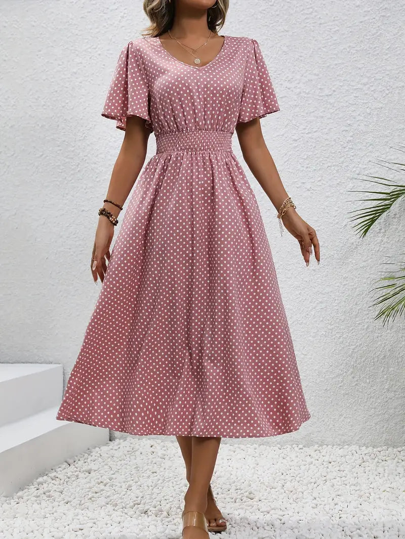– allover-print-kurzarmkleid mit geraffter taille für frühling und sommer