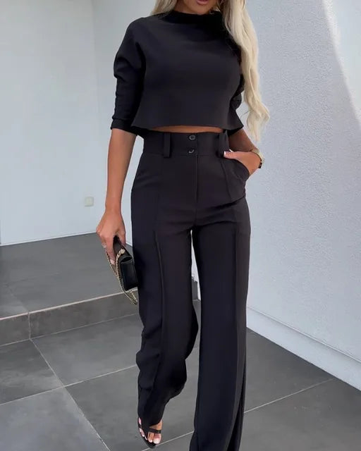 WW | Lässiges Rundhalsausschnitt Top Mit Hohe Taille Hosen Zweiteiliges Satz