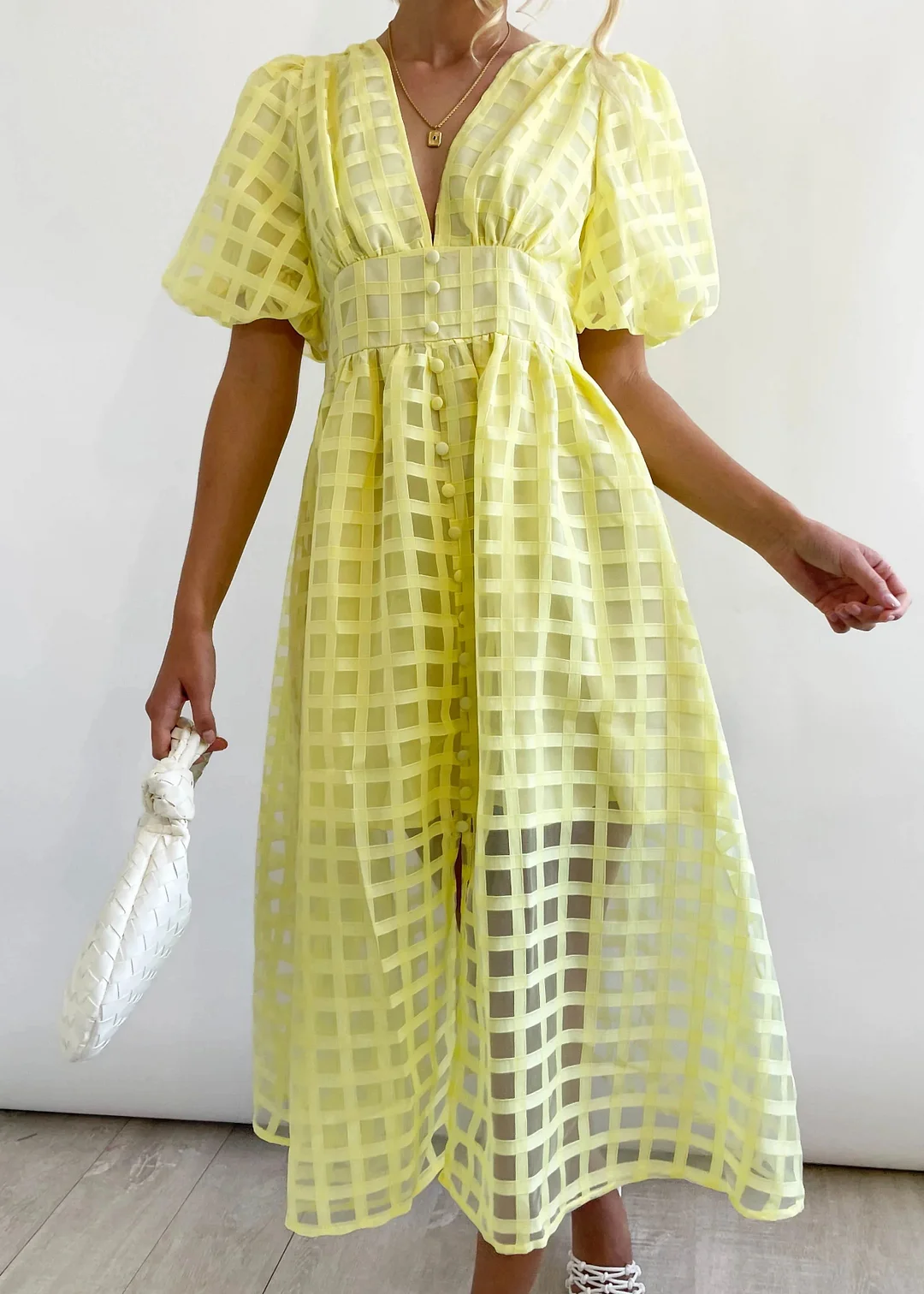 – Beauty-Midikleid aus Stoff mit quadratischem Print und Puffärmeln