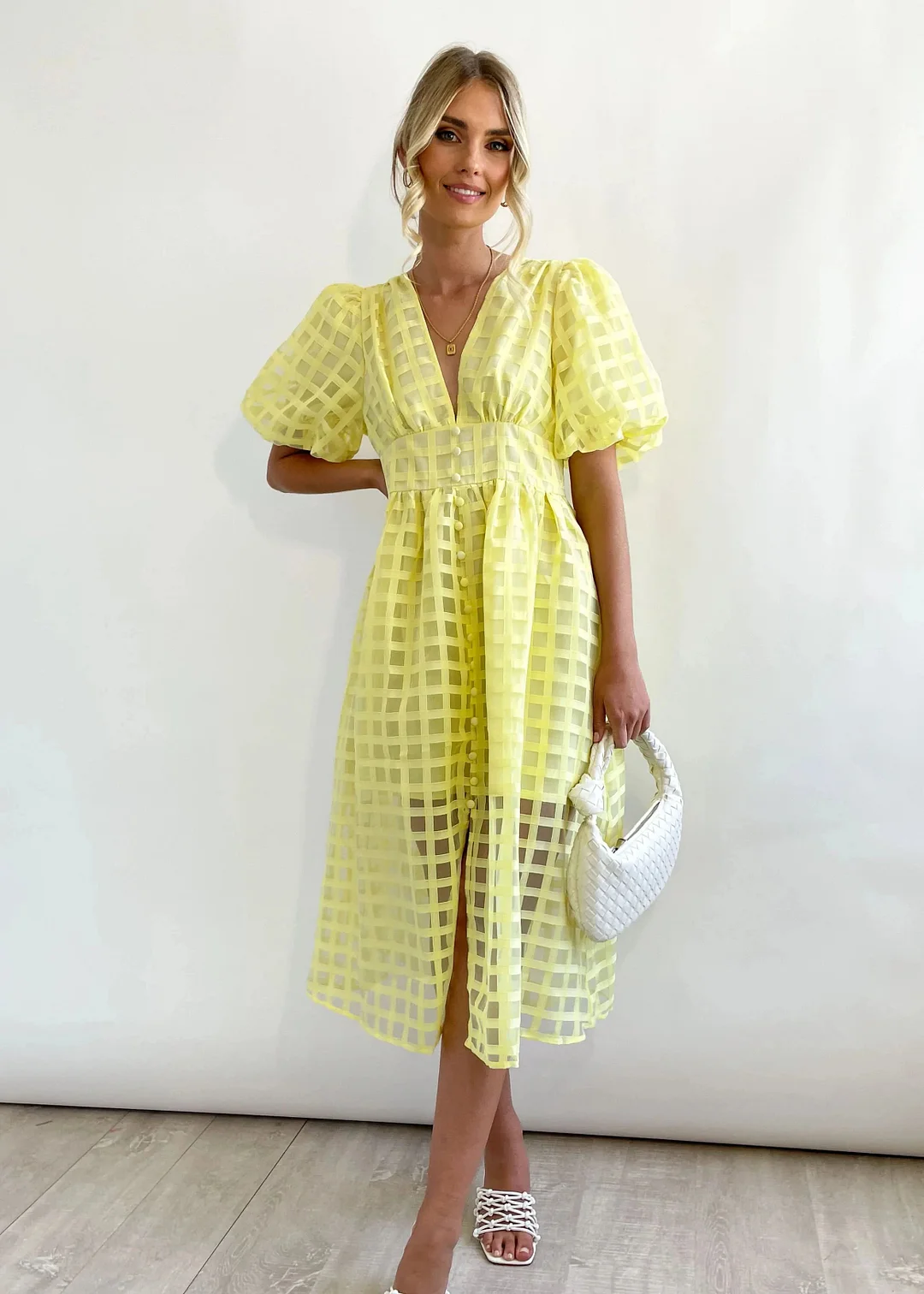 – Beauty-Midikleid aus Stoff mit quadratischem Print und Puffärmeln