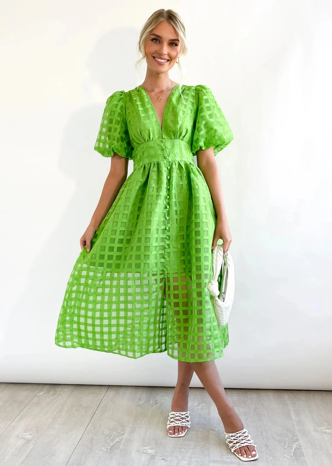 – Beauty-Midikleid aus Stoff mit quadratischem Print und Puffärmeln