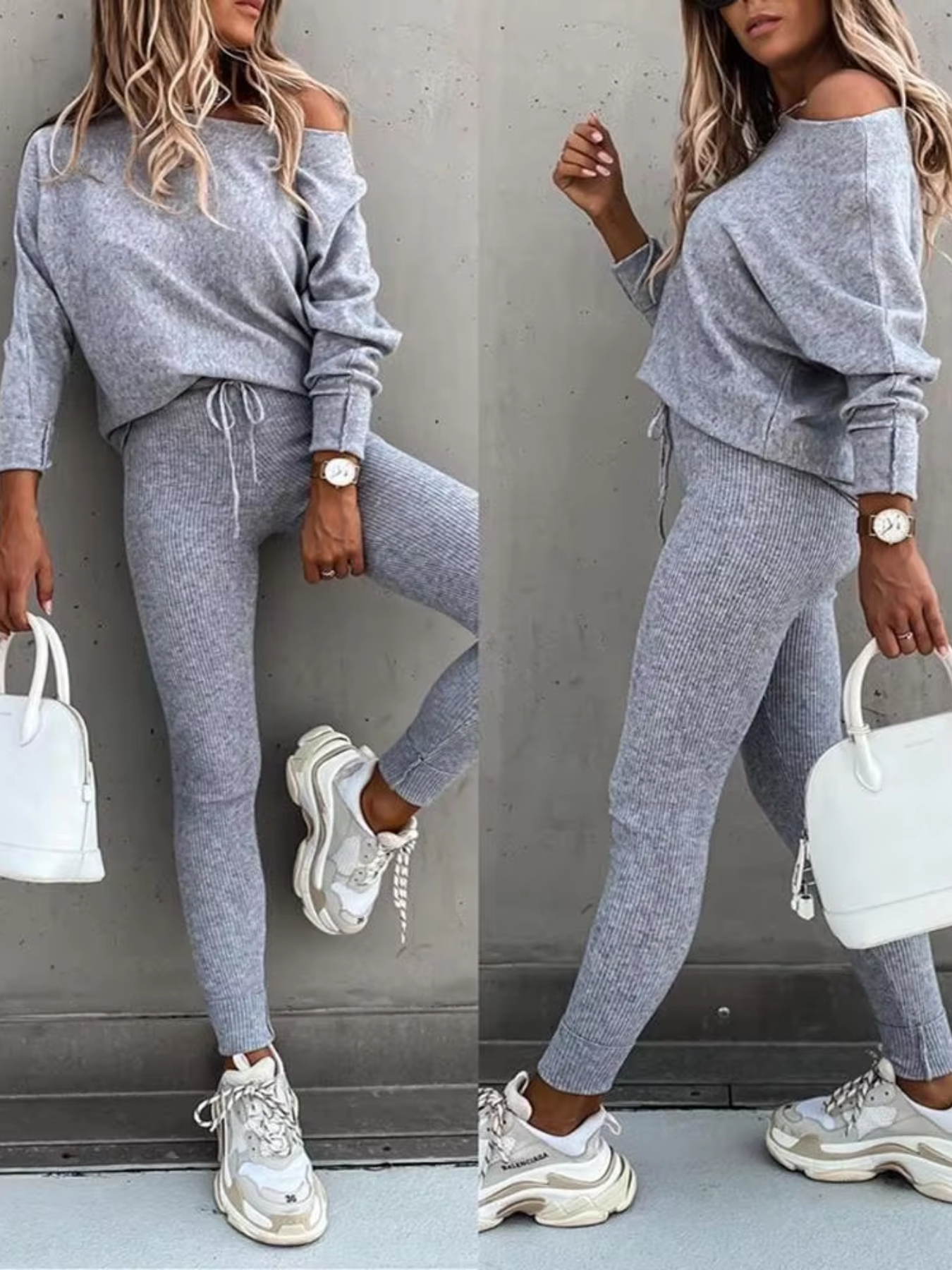 WW | Damen Hausanzug Modisches Off Shoulder Oberteil Und Leggings Satz