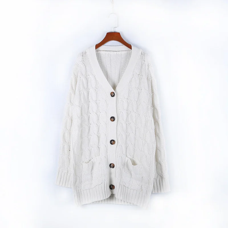 WW | Wollstrickjacke Damen Mit Zopfmuster Und Holzknöpfen, Lockere