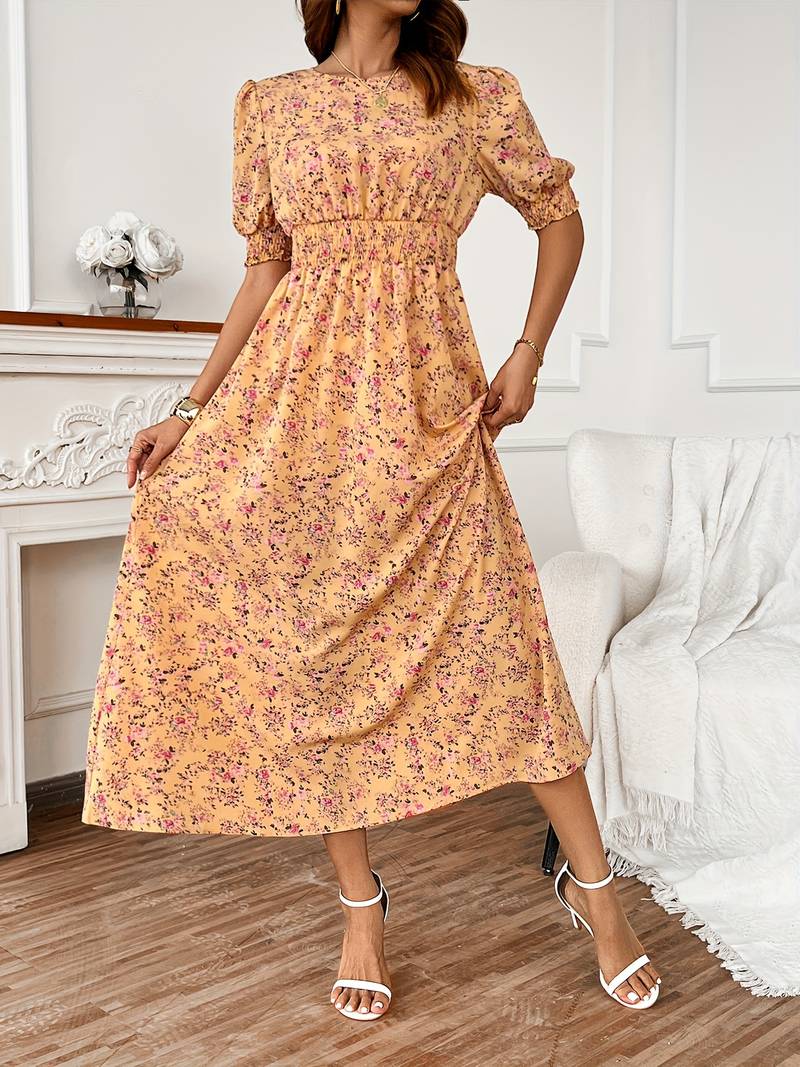 – kleid mit blumendruck und rundhalsausschnitt für frühling und sommer