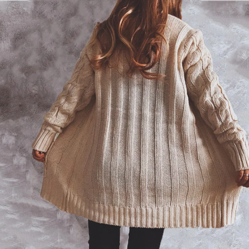 WW | Wollstrickjacke Damen Mit Zopfmuster Und Holzknöpfen, Lockere