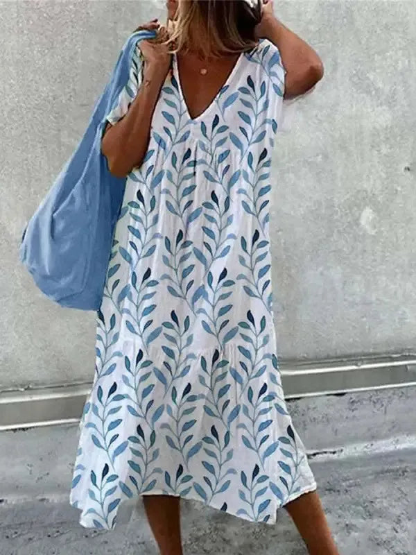Boho-Strandkleid für Frauen Sommerkleid mit V-Ausschnitt und kurzen Ärmeln mit Blumenmuster