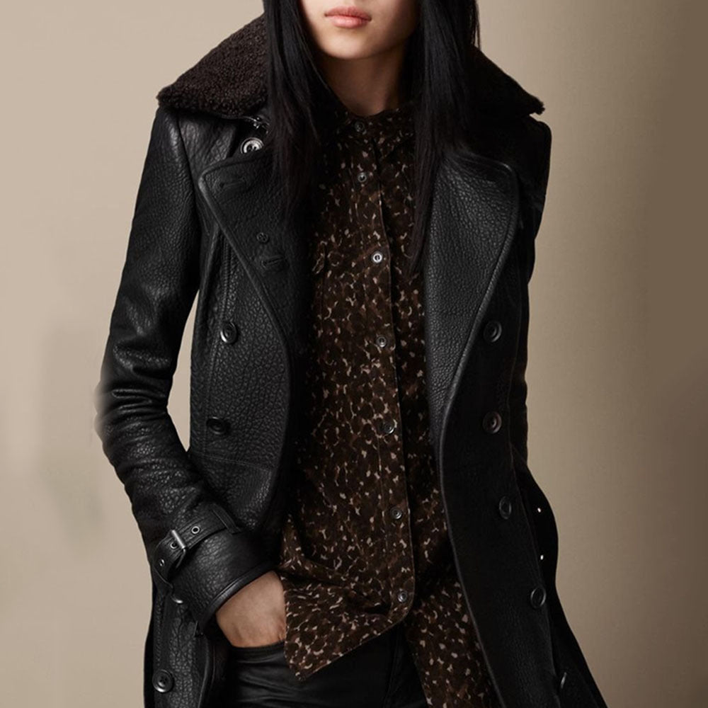 WW | Zweireihige Lederjacke Mit Schaffellkragen Für Damen