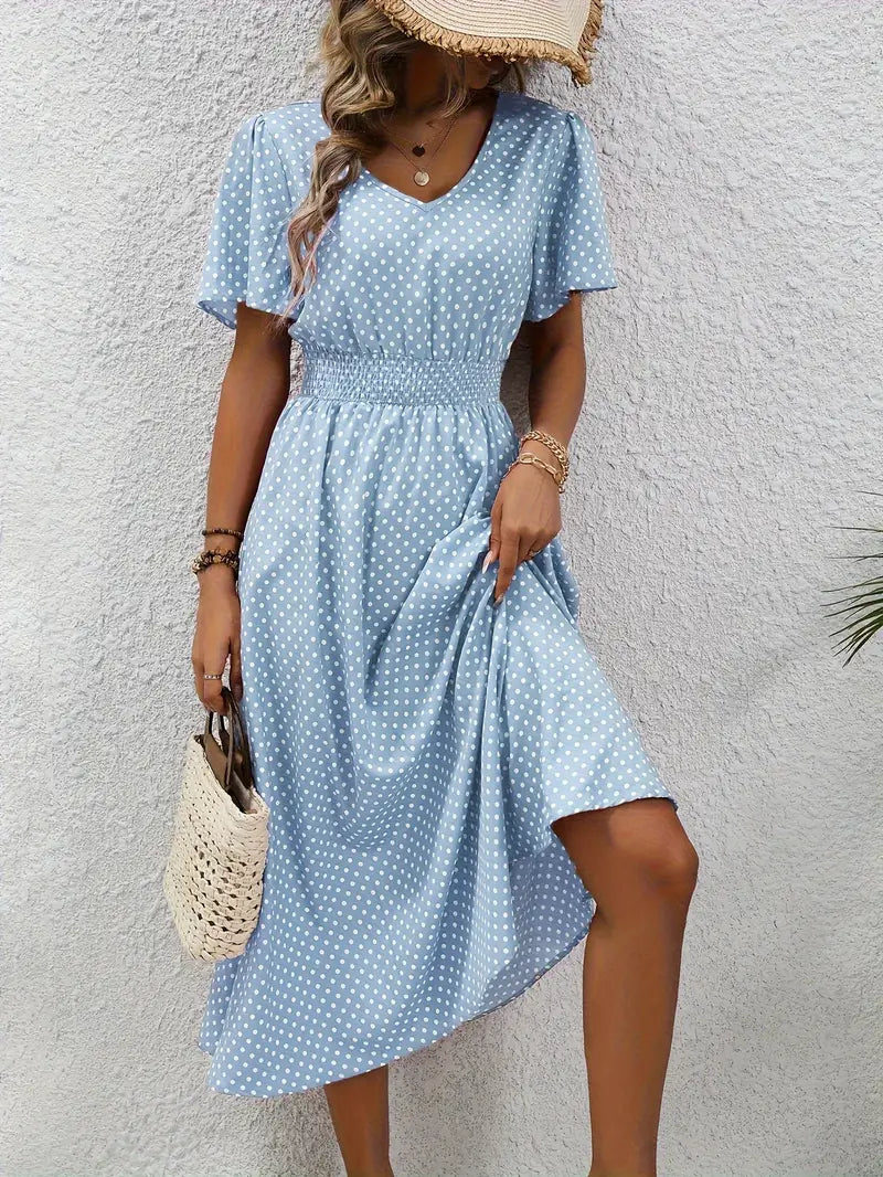 – allover-print-kurzarmkleid mit geraffter taille für frühling und sommer