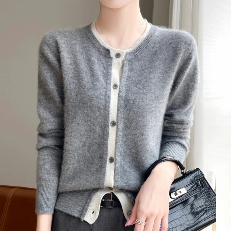 WW | Zweifarbige Wollstrickjacke Damen Mit Rundhalsausschnitt Und Knopfleiste