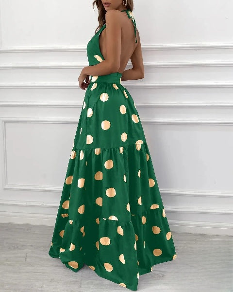 – Gerafftes Neckholder-Maxikleid mit Polka-Dot-Print
