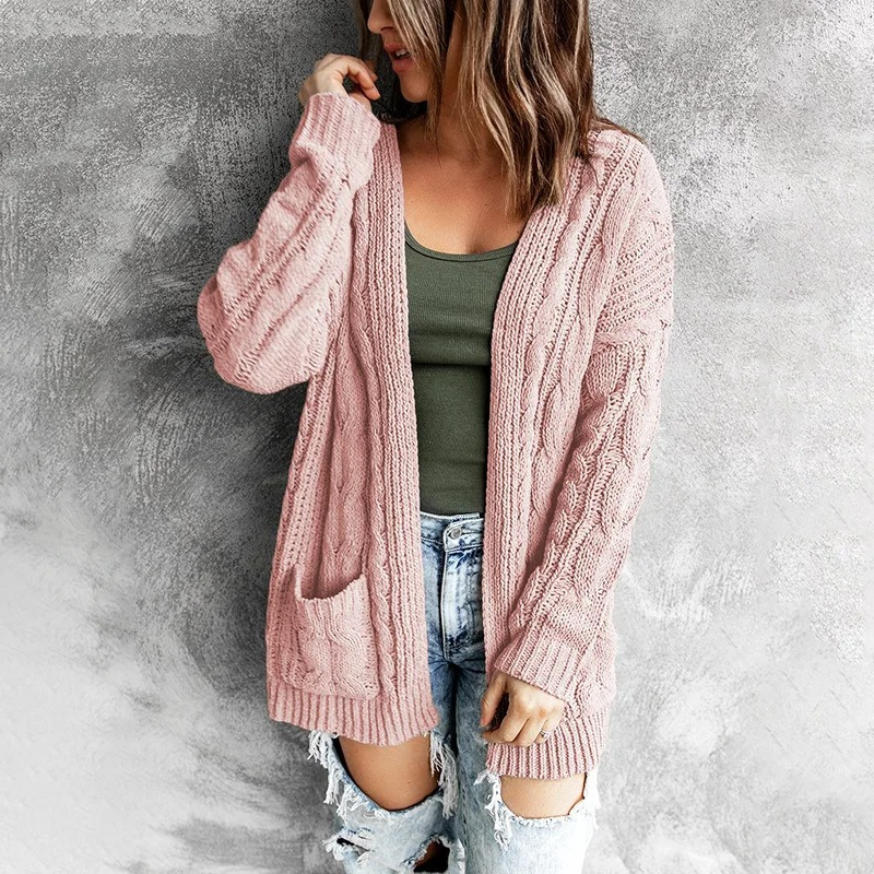 WW | Wollstrickjacke Damen Mit Zopfmuster, Offenes Design Und Taschen