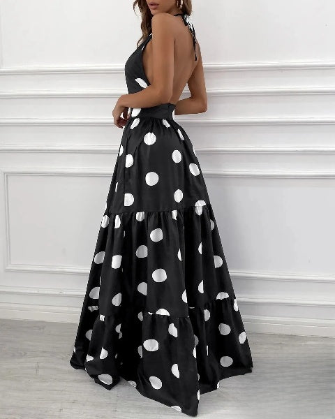 – Gerafftes Neckholder-Maxikleid mit Polka-Dot-Print
