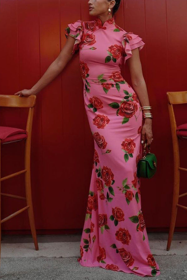 Chiara: Cheongsam-inspiriertes Rosenblumen-Maxikleid mit abgestuften ausgestellten Ärmeln