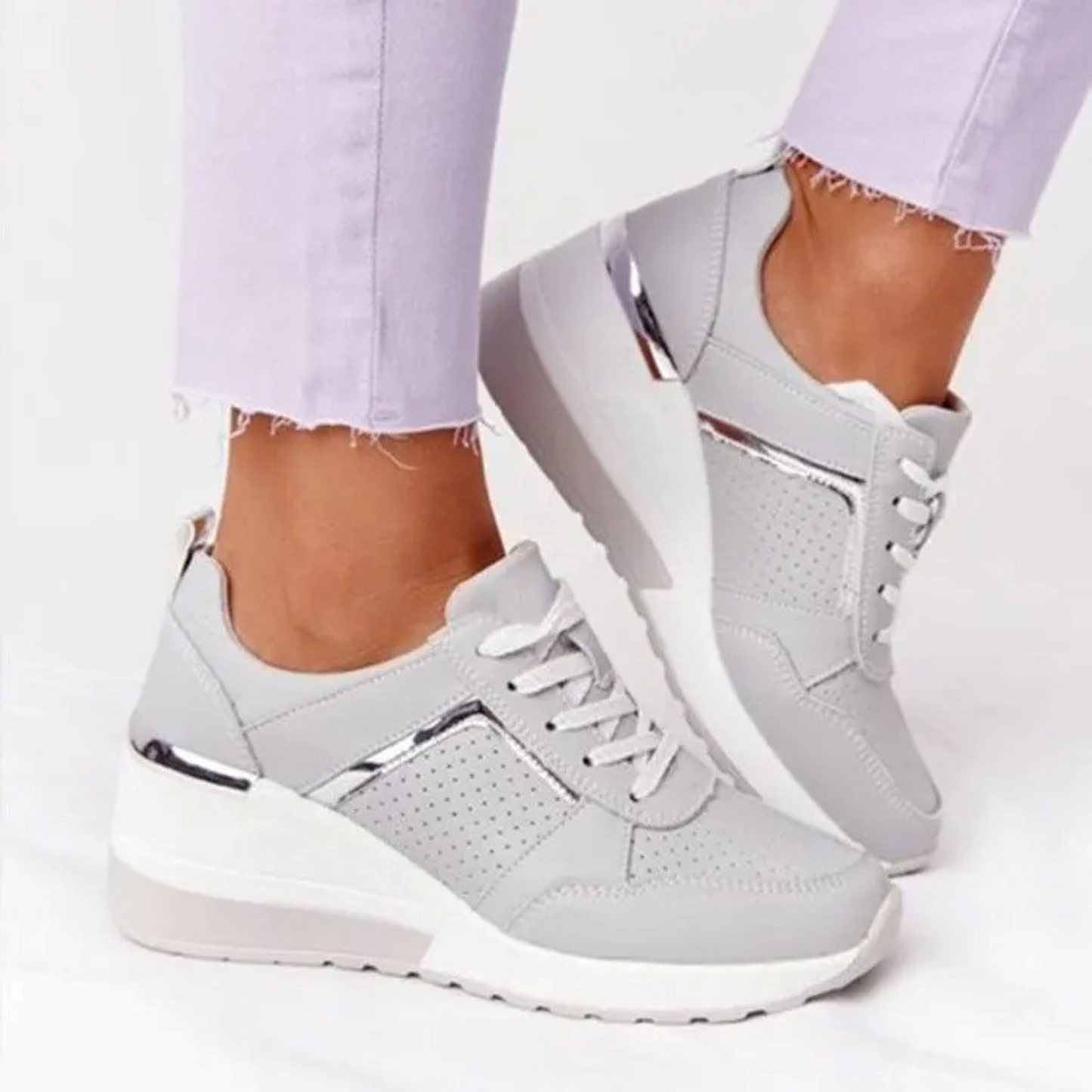 WW | Weiße Leder Atmungsaktive Leichte Schuhe Mit Keilabsatz
