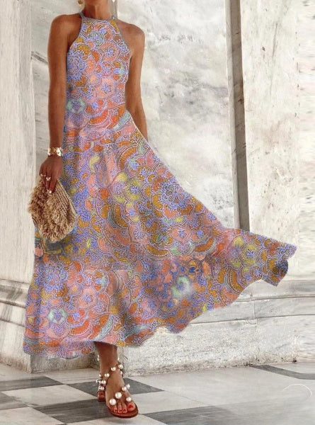 – Damenkleider, ärmelloses Kleid mit Vintage-Print und Neckholder