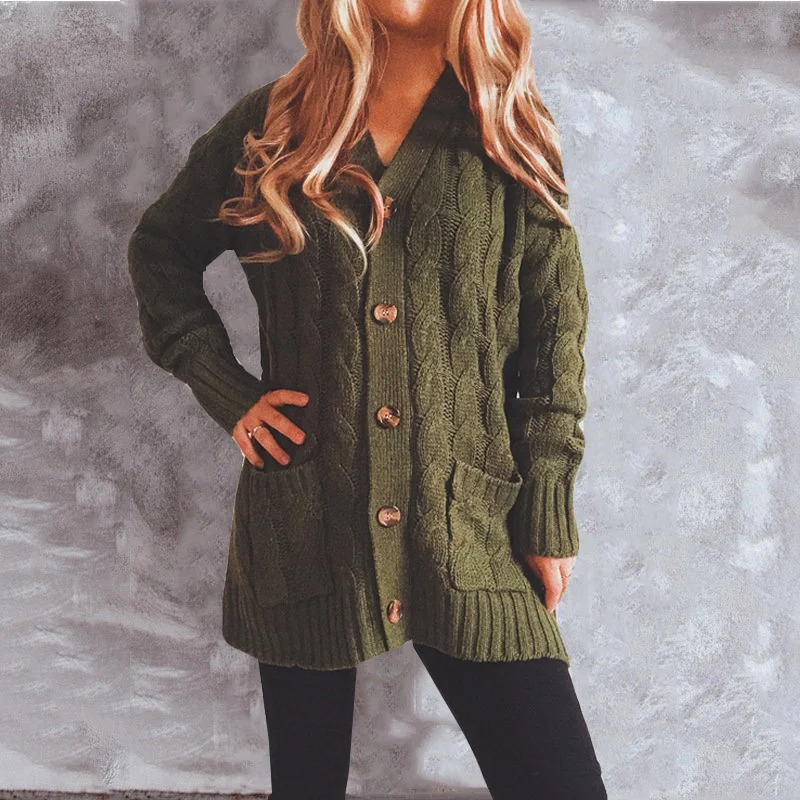 WW | Wollstrickjacke Damen Mit Zopfmuster Und Holzknöpfen, Lockere