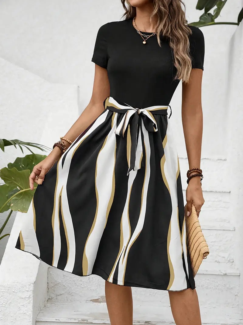 – kleid mit gestreiftem print und taillenschnürung für frühling und sommer