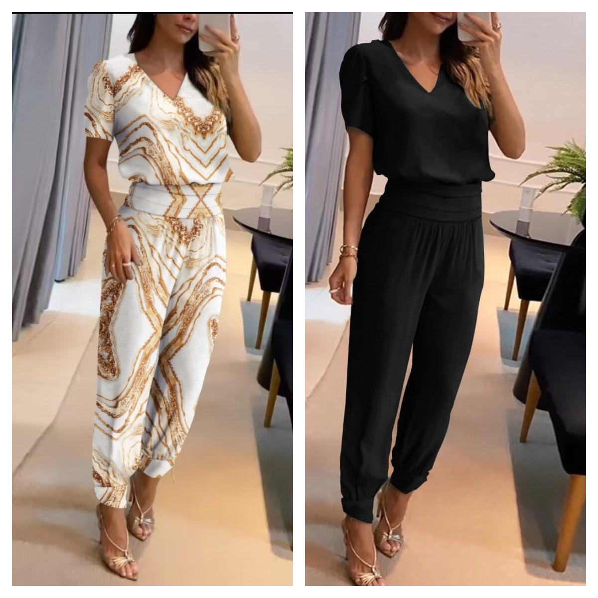 Merche zweiteiliges Set mit einem kurzärmeligen Oberteil mit V-Ausschnitt und einer langen Hose, ideal für Partys
