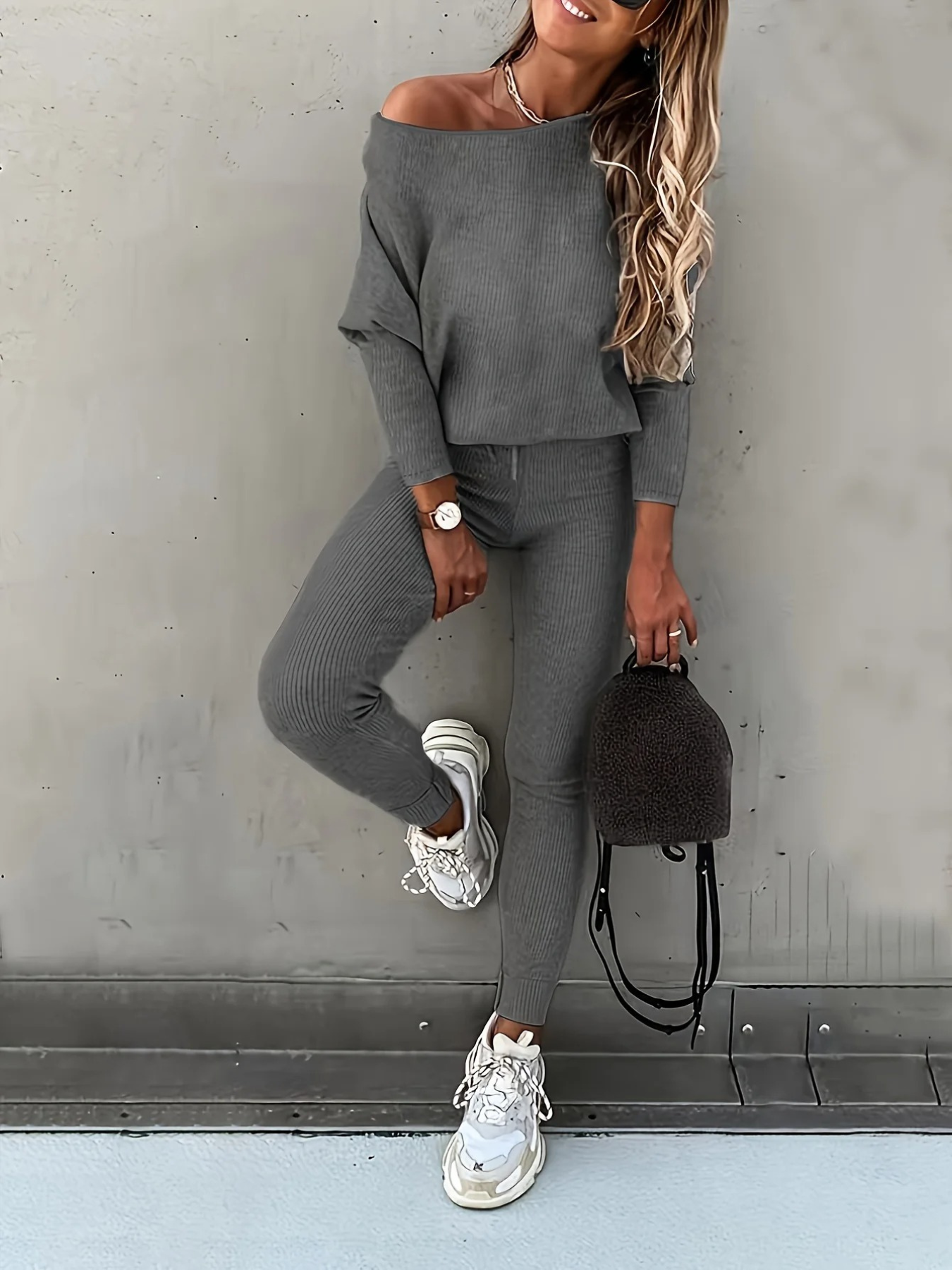 WW | Damen Hausanzug Modisches Off Shoulder Oberteil Und Leggings Satz