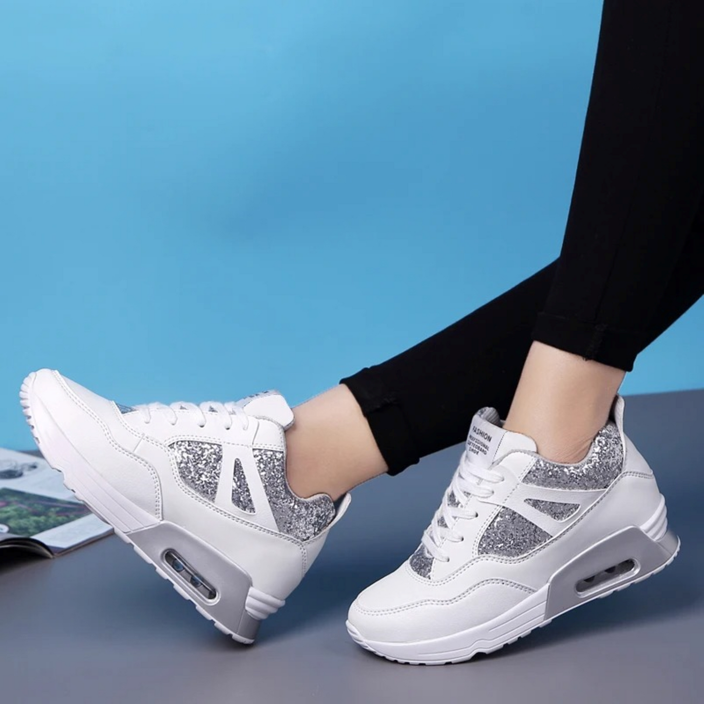 WW | Weiße Dicke Glänzende Atmungsaktive Orthopädische Damen Sneakers
