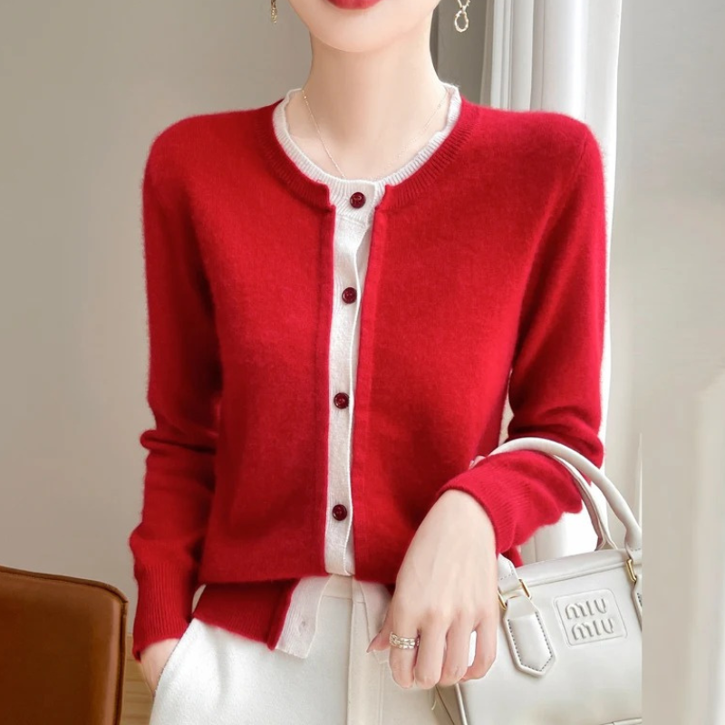 WW | Zweifarbige Wollstrickjacke Damen Mit Rundhalsausschnitt Und Knopfleiste
