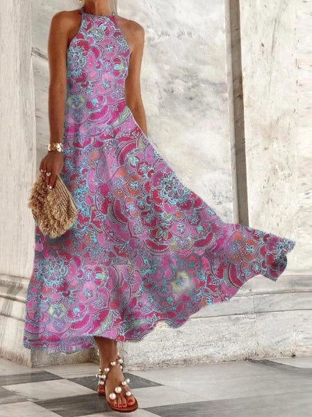 – Damenkleider, ärmelloses Kleid mit Vintage-Print und Neckholder