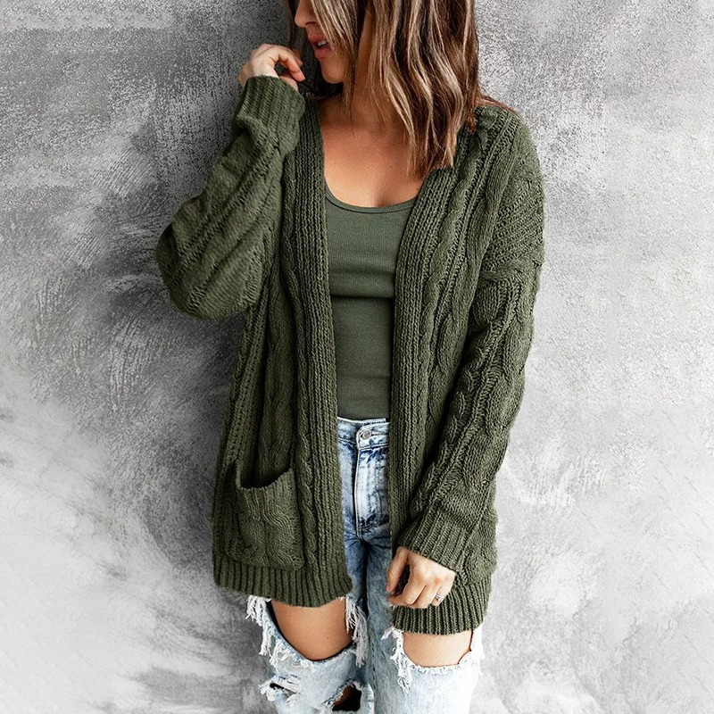 WW | Wollstrickjacke Damen Mit Zopfmuster, Offenes Design Und Taschen