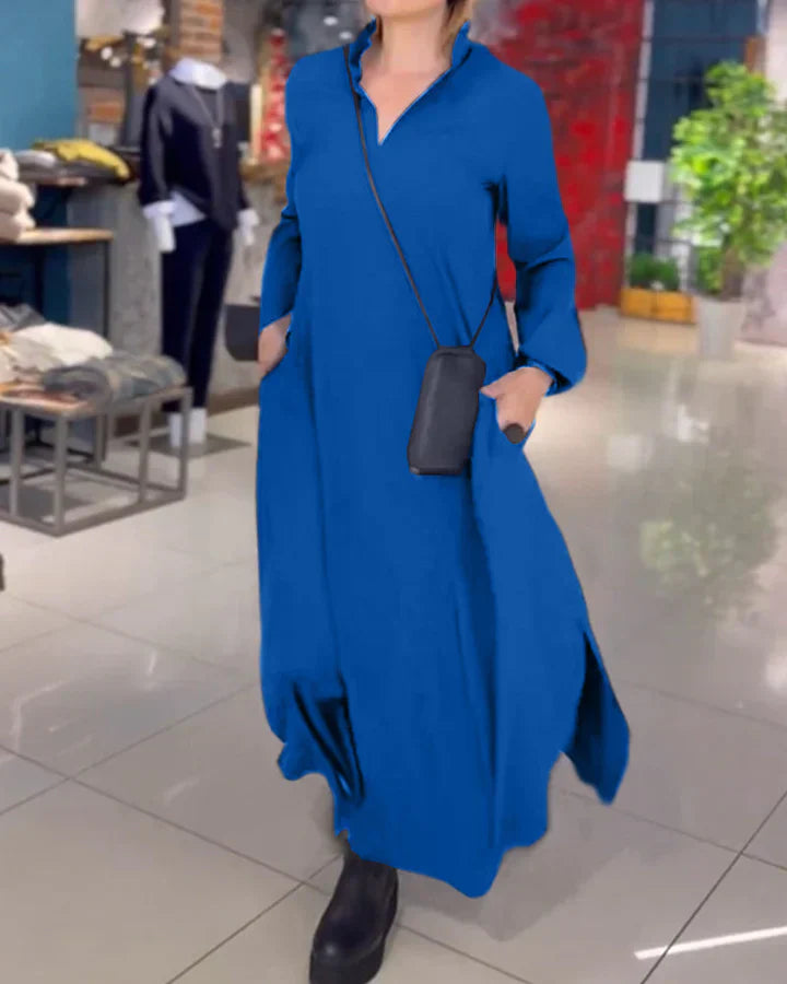 Einfache Eleganz: Maxi Shift-Kleid mit Seitenschlitz aus Baumwollmischung-Perfekt fur alle Jahreszeiten