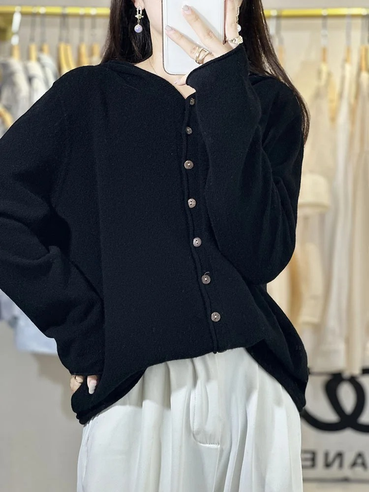 WW | Wollstrickjacke Damen Mit Kapuze Und Knopfleiste, Lässige Passform