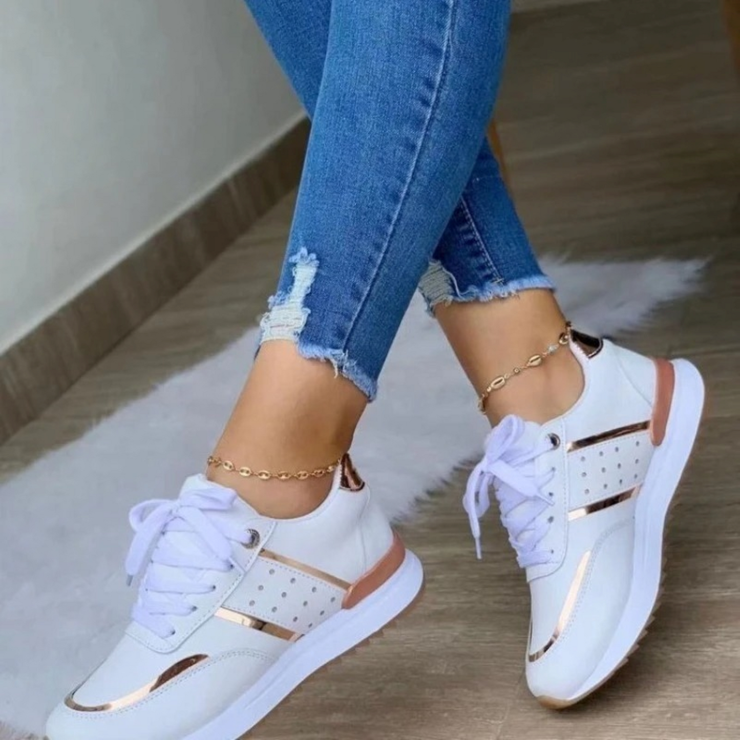 WW | Weiße Flache Leder Patchwork Weiche Sohle Damenschuhe