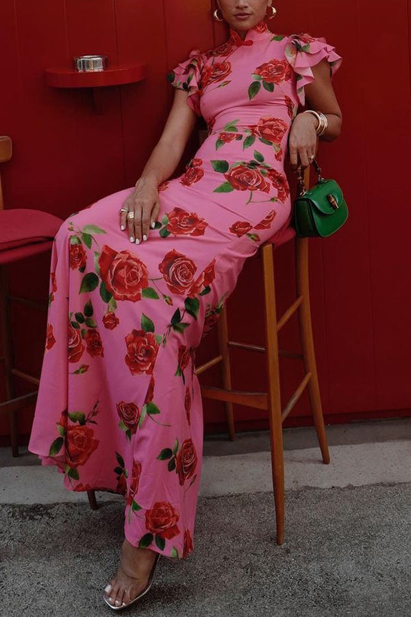 Chiara: Cheongsam-inspiriertes Rosenblumen-Maxikleid mit abgestuften ausgestellten Ärmeln