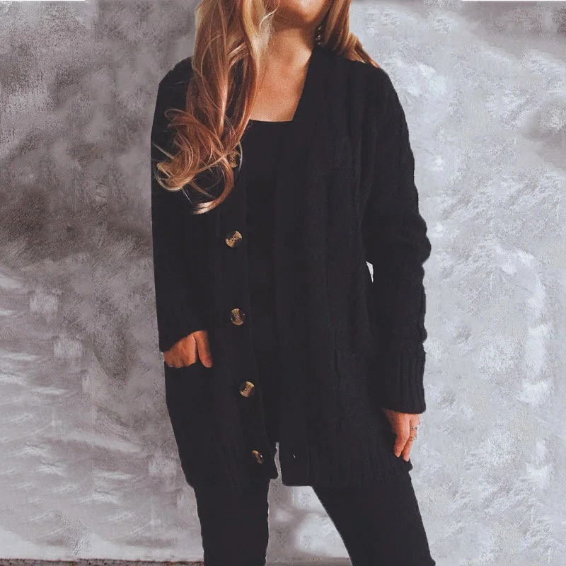 WW | Wollstrickjacke Damen Mit Zopfmuster Und Holzknöpfen, Lockere