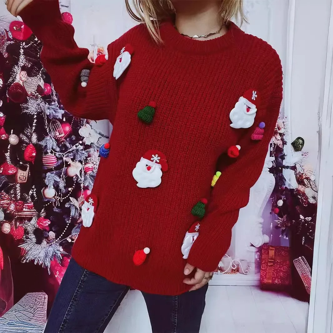 WW | Weihnachtspullover Mit Weihnachtsmann Applikationen Und Strickoptik