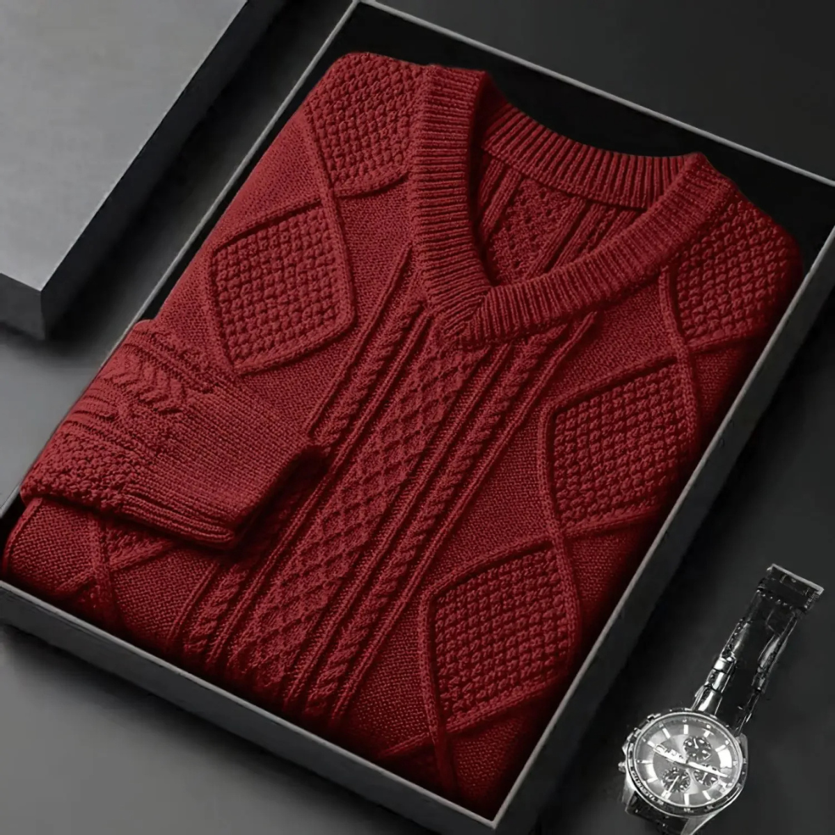 WW | Wollpullover Herren Mit V-ausschnitt Und Aufwendigem Strickmuster