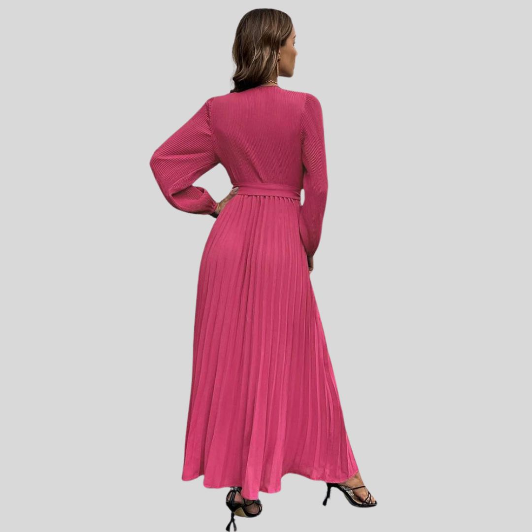 Langärmliges Plisseekleid in Maxilänge mit Taillenband