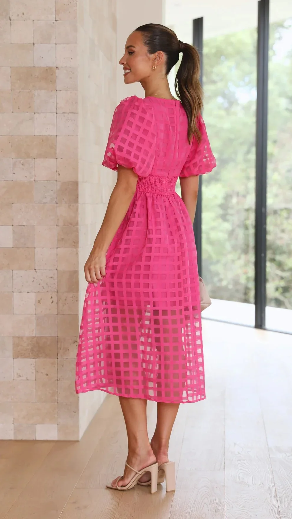 – Beauty-Midikleid aus Stoff mit quadratischem Print und Puffärmeln