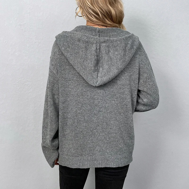 WW | Wollstrickjacke Damen Mit Kapuze Und Knopfleiste, Lässiger Stil