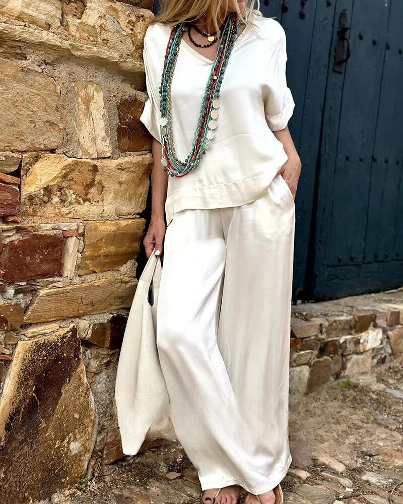 Merche V-Ausschnitt Sommer Set mit einfarbigem Design