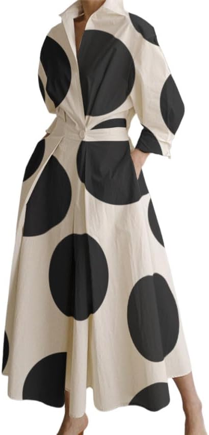 WW | Damen Freizeit Sommer Maxi Kleider Einfarbig Polka Dots V-ausschnitt Ärmellos Kurzarm Hemdkleid Langes Kleid Mit Taschen