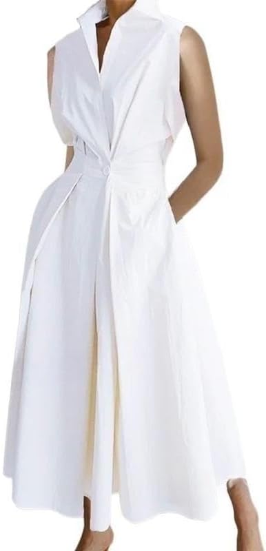 WW | Damen Freizeit Sommer Maxi Kleider Einfarbig Polka Dots V-ausschnitt Ärmellos Kurzarm Hemdkleid Langes Kleid Mit Taschen