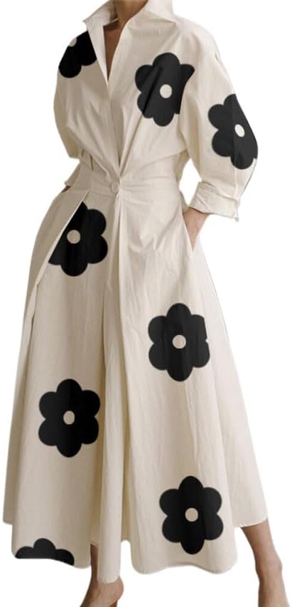WW | Damen Freizeit Sommer Maxi Kleider Einfarbig Polka Dots V-ausschnitt Ärmellos Kurzarm Hemdkleid Langes Kleid Mit Taschen