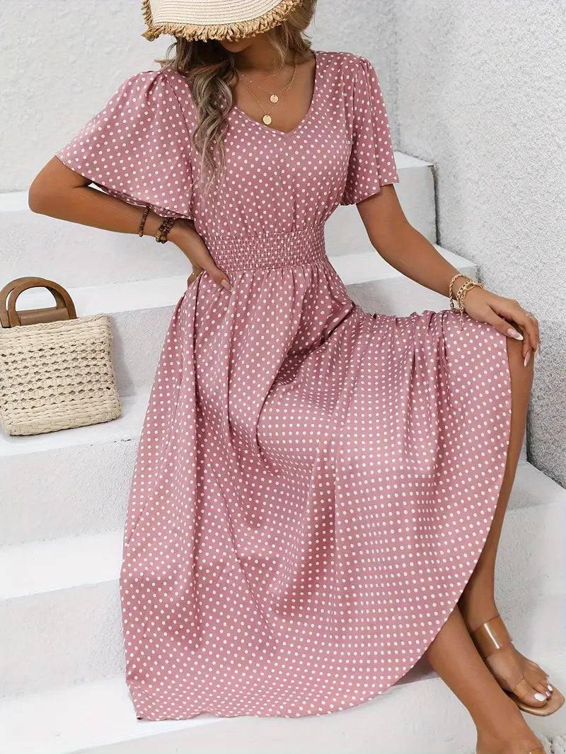 – allover-print-kurzarmkleid mit geraffter taille für frühling und sommer